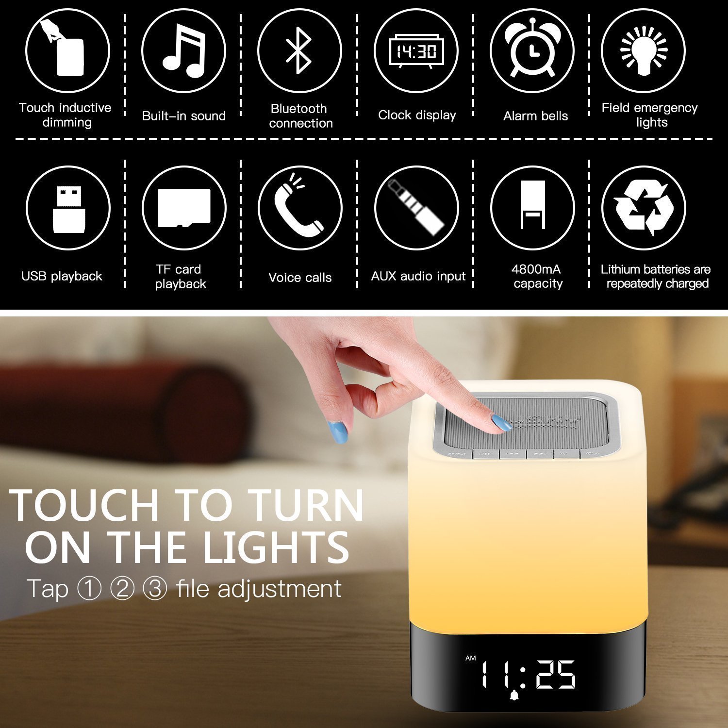 Bluetooth Speaker Alarm Clock, LED Touch Sensor Bluetooth Color Changing Speaker Atmosphere Control Lamp Dimmable Warm White Light & Color Changing RGB, TF Card, AUX Supported, Hands-free Speakerphone