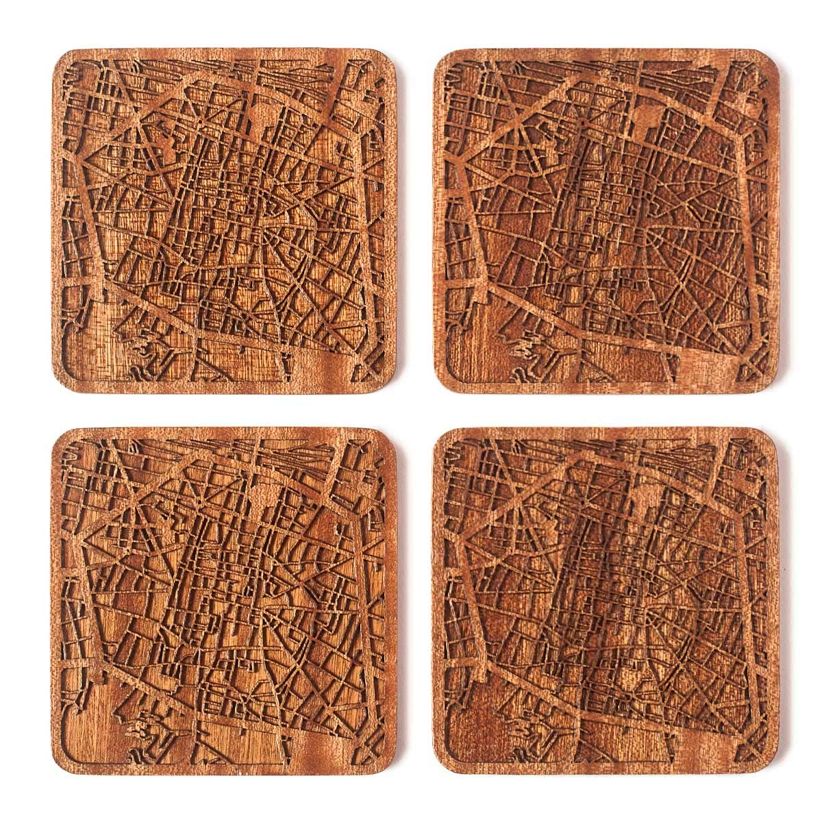 Bologna Map Coaster, Set of 4, Sapele Wooden Coaster with City map, Multiple City Optional, Handmade