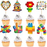 Cyodoos 24Pcs Building Block Birthday Party Cupcake Toppers Boy Girl Birthday Party Decorations Brick Themed Building Block Birthday Decorations for Kids Adults Birthday Party Supplies