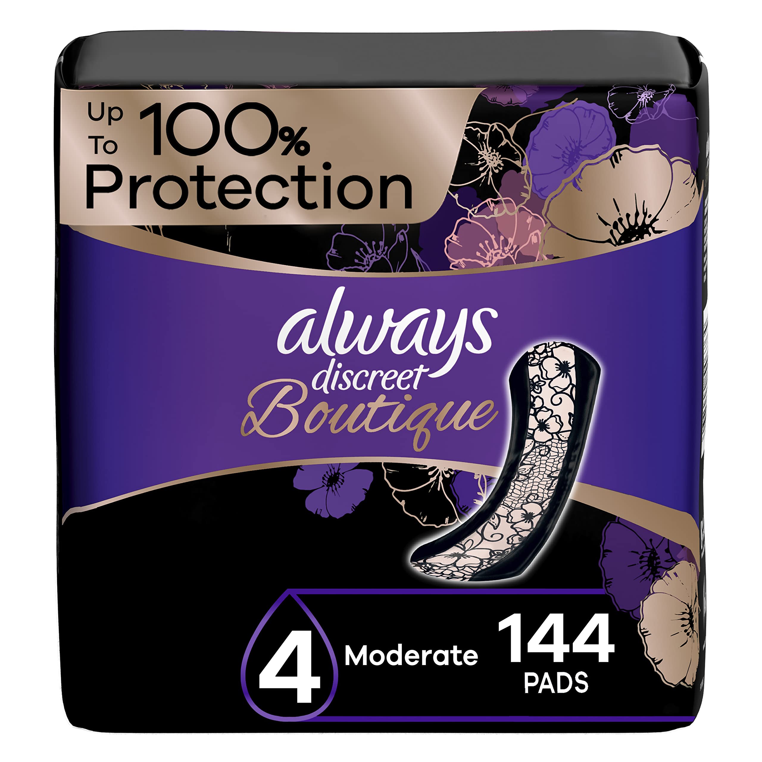 Photo 1 of Always Discreet Boutique Adult Incontinence & Postpartum Pads For Women, Size 4, Moderate Absorbency, Regular Length, 48 Count x 3 Packs (144 Count total) (Packaging May Vary)