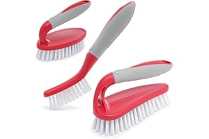 TRAZON Scrub Brush Set of 3pcs - Cleaning Shower Scrubber with Ergonomic Handle and Durable Bristles - Grout Cleaner Brush - Scrub Brushes for Cleaning Bathroom, Shower, Tile, Kitchen, Floor, Bathtub, Floor