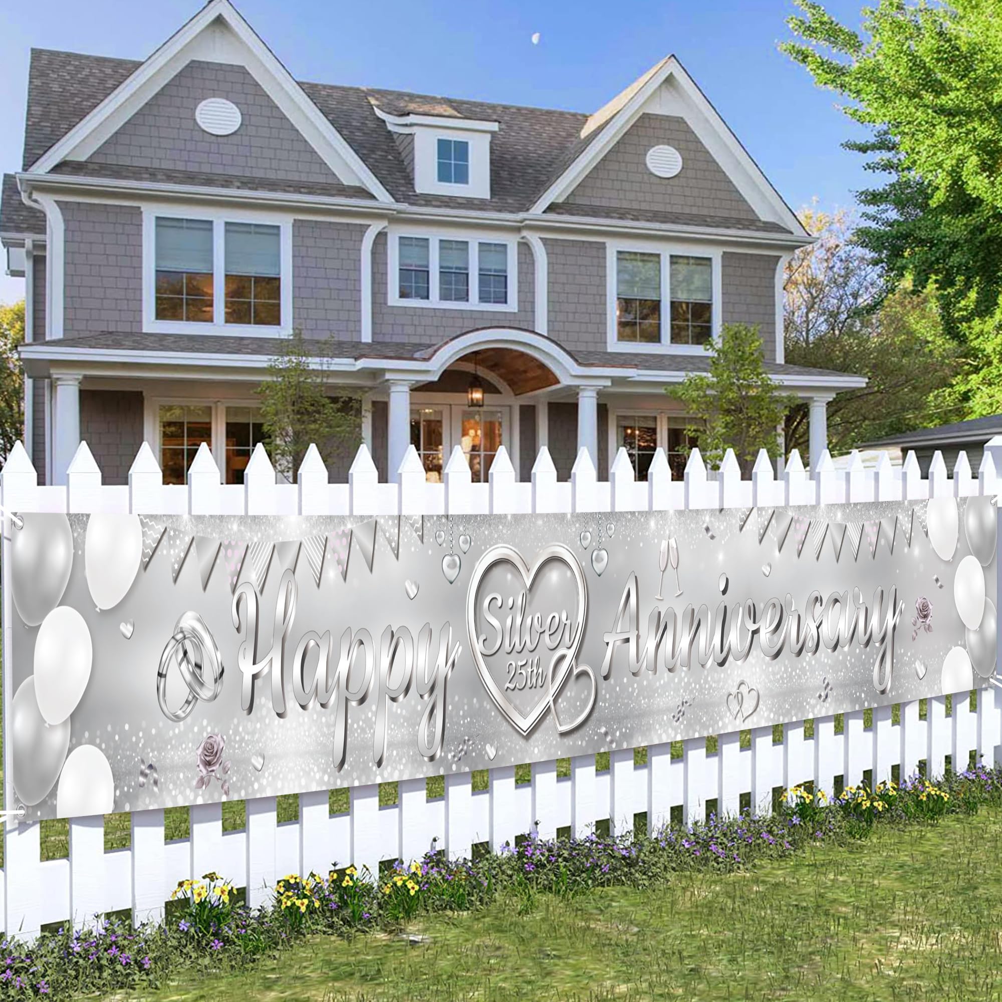 25th Wedding Anniversary Decorations Banner - Happy Silver 25th Anniversary Yard Banners, Glitter Backdrop Party Supplies for Couples(37x274cm/14.5x107.8in) — image 1