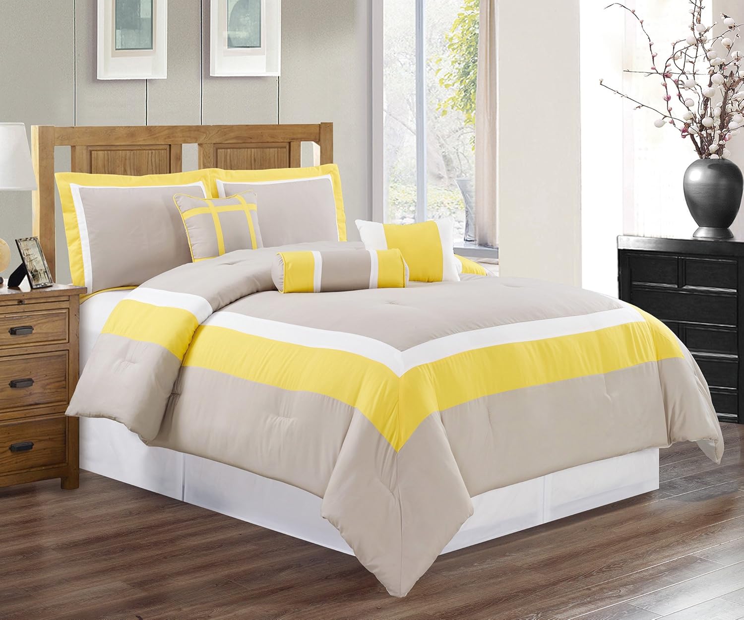 Amazon Com 7 Piece King Size Sunshine Yellow Grey White