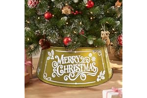 Auirre Metal Christmas Tree Collar, White Gold Tree Ring Holiday Decor 29 Inch Diameter for Large Xmas Tree 7-9 Ft, Golden Holly Berry Snowflake Artificial Tree Skirt Home Indoor Outdoor Decoration