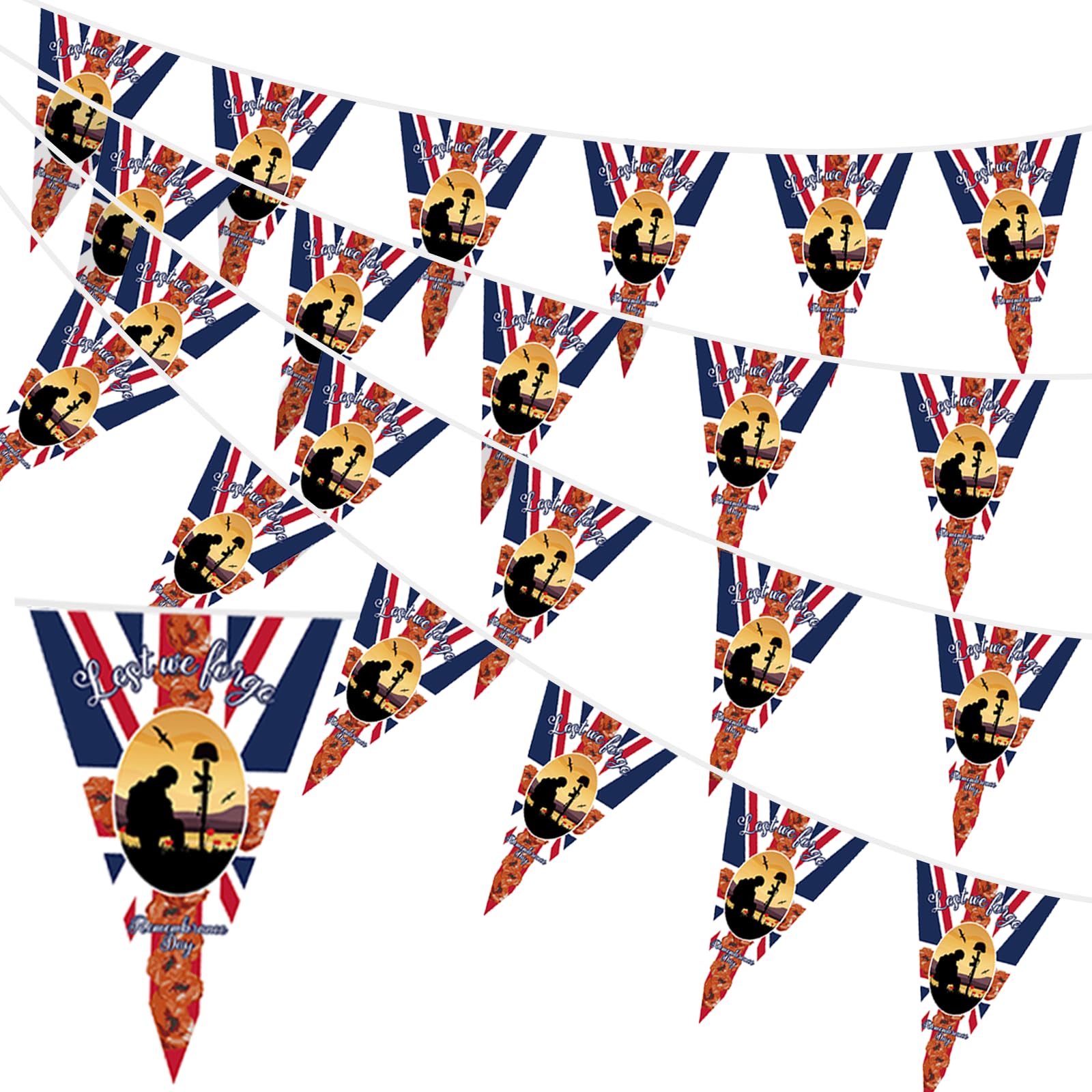 AhfuLife Lest We Forget Flags Bunting for Remembrance Day Decorations, 18m - 45 PCS Lest We Forget Army Flags - Double Sided Printing Bunting for Remembrance Day Garden Street Party Decorations