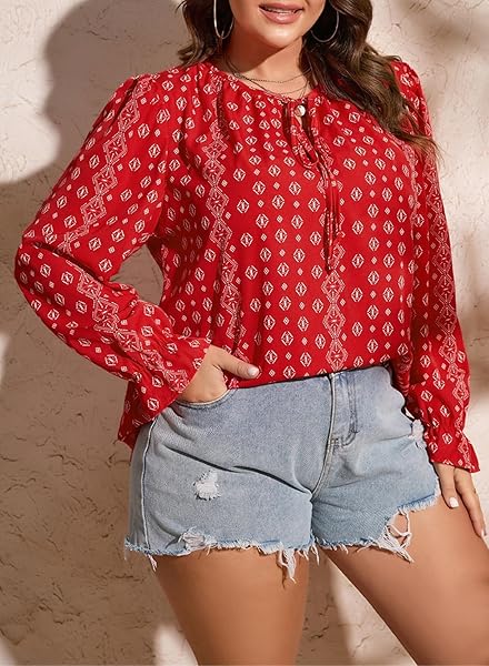 EYTINO WOMEN PLUS SIZE BOHO FLORAL PRINTED TOPS CASUAL V NECK LONG SLEEVE DRAWSTRING BLOUSES SHIRTS,3X WHITE