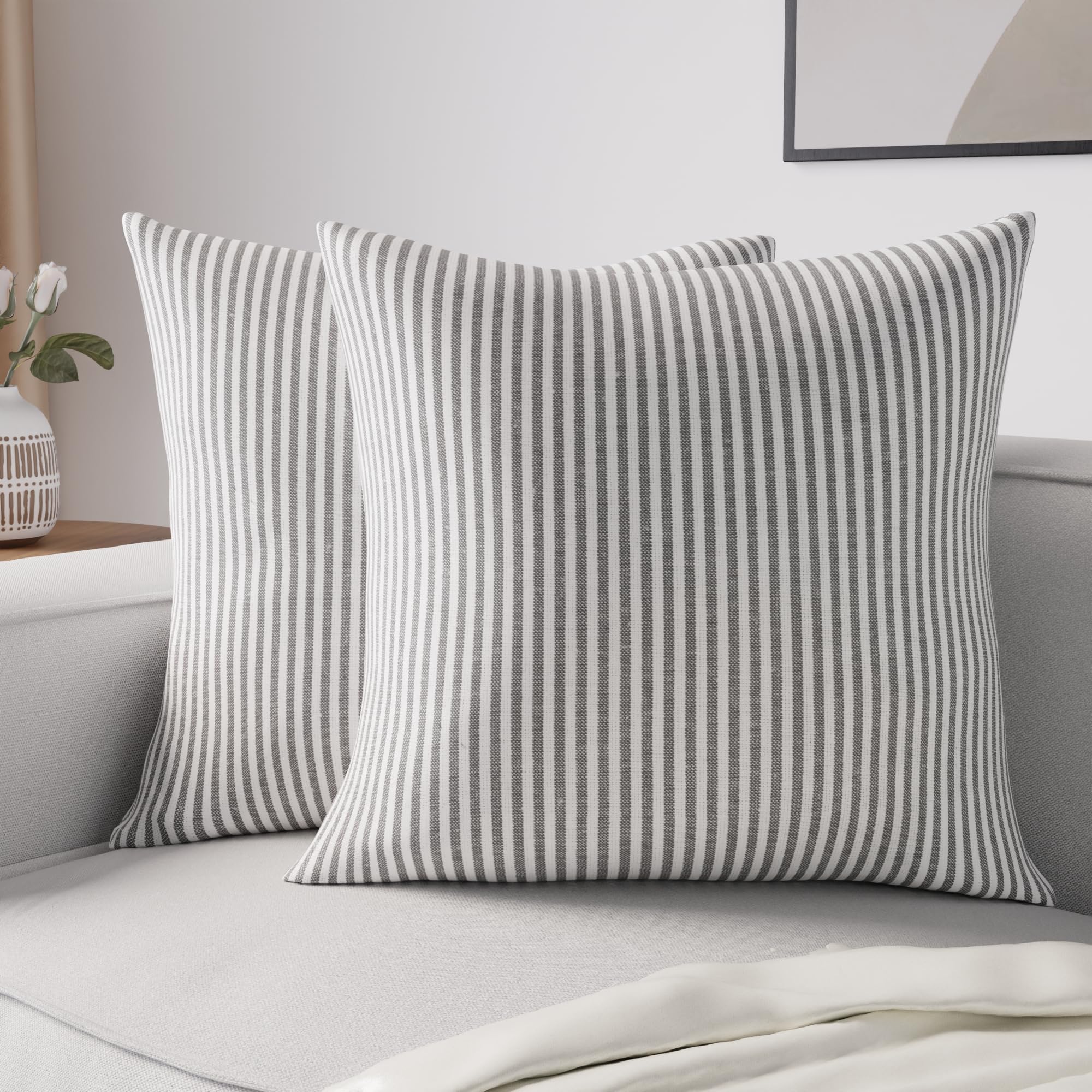 Encasa XO Cushion Covers 2 pcs set (45x45 cm) - Ticking Black - Decorative Large Square Colourful Washable Eco - Cotton, Throw Pillow Cases for Living Room, Sofa, Bedroom, Home & Hotel