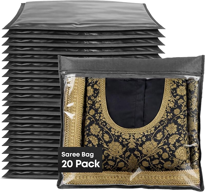 FiNeWaY 20 Pack Saree Storage Bags with Zip Clear Moisture-Resistant Grey