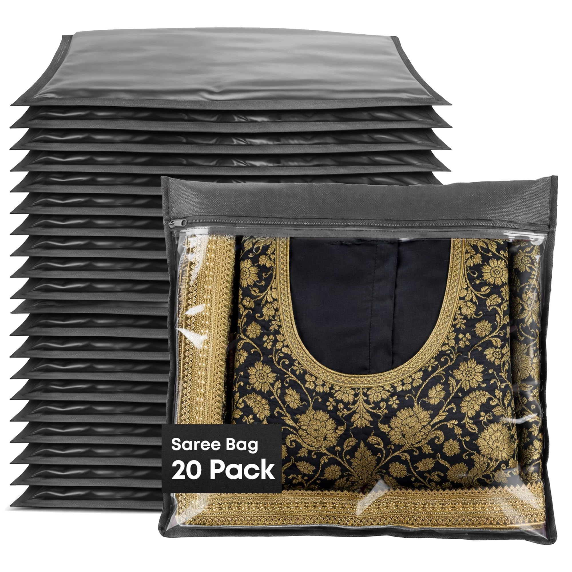 Fineway 20 Pack Saree Storage Bags with Zip – Space saving Clear Zip Bag, Clothes Bag Organiser for Sarees, Dresses & Clothes – Moisture-Resistant Saree Bags Clothing Storage (Grey, 42x35cm)