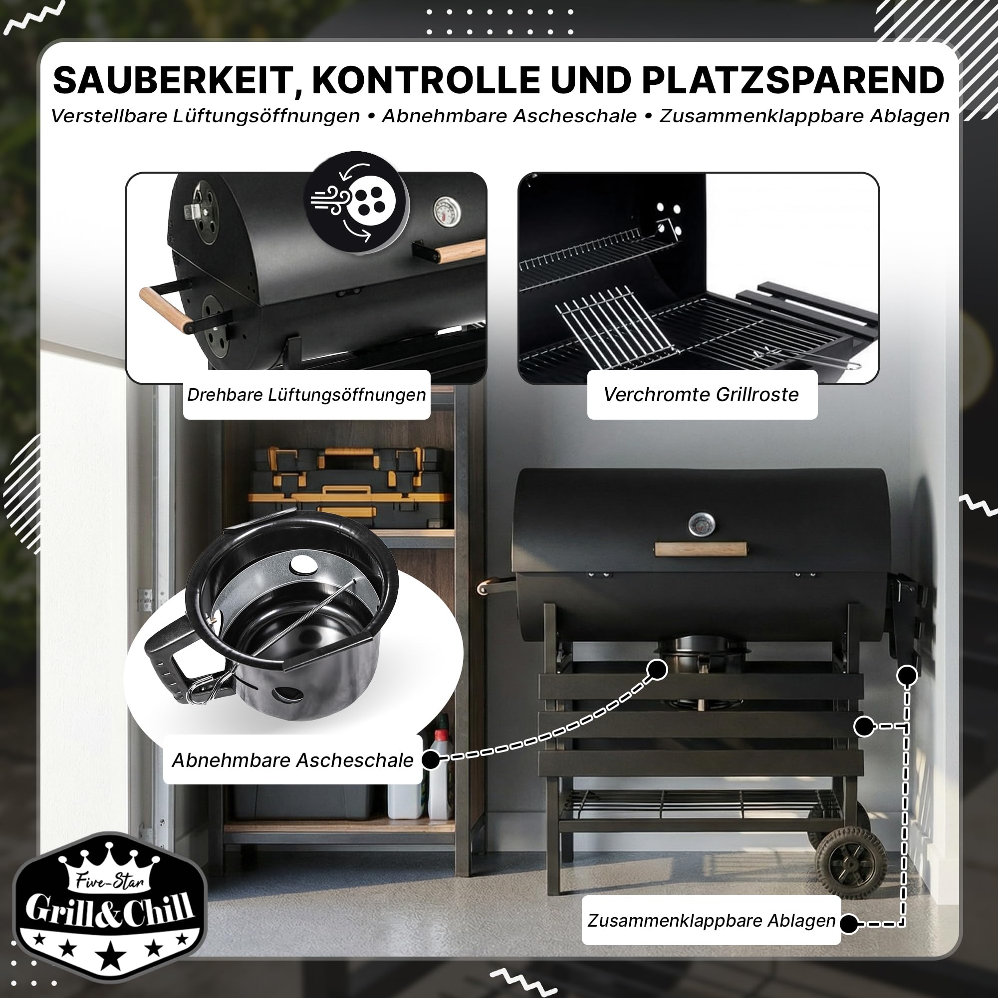 Five-Star Grill&Chill Holzkohlegrill mit Deckel – Großer Grillwagen mit Chromrost 71×35 cm & Thermometer – Für Garten & Terrasse – Aschekasten, Lüftungsöffnungen, 2 Räder 6