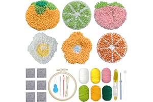 Allazone Punch Needle Coasters Kit, 6 Pattern Embroidery Punch Needle Kits, Punch Embroidery Kit, Fruit Pattern Coasters with Felt Yarns Hoop Tools for DIY Crafts