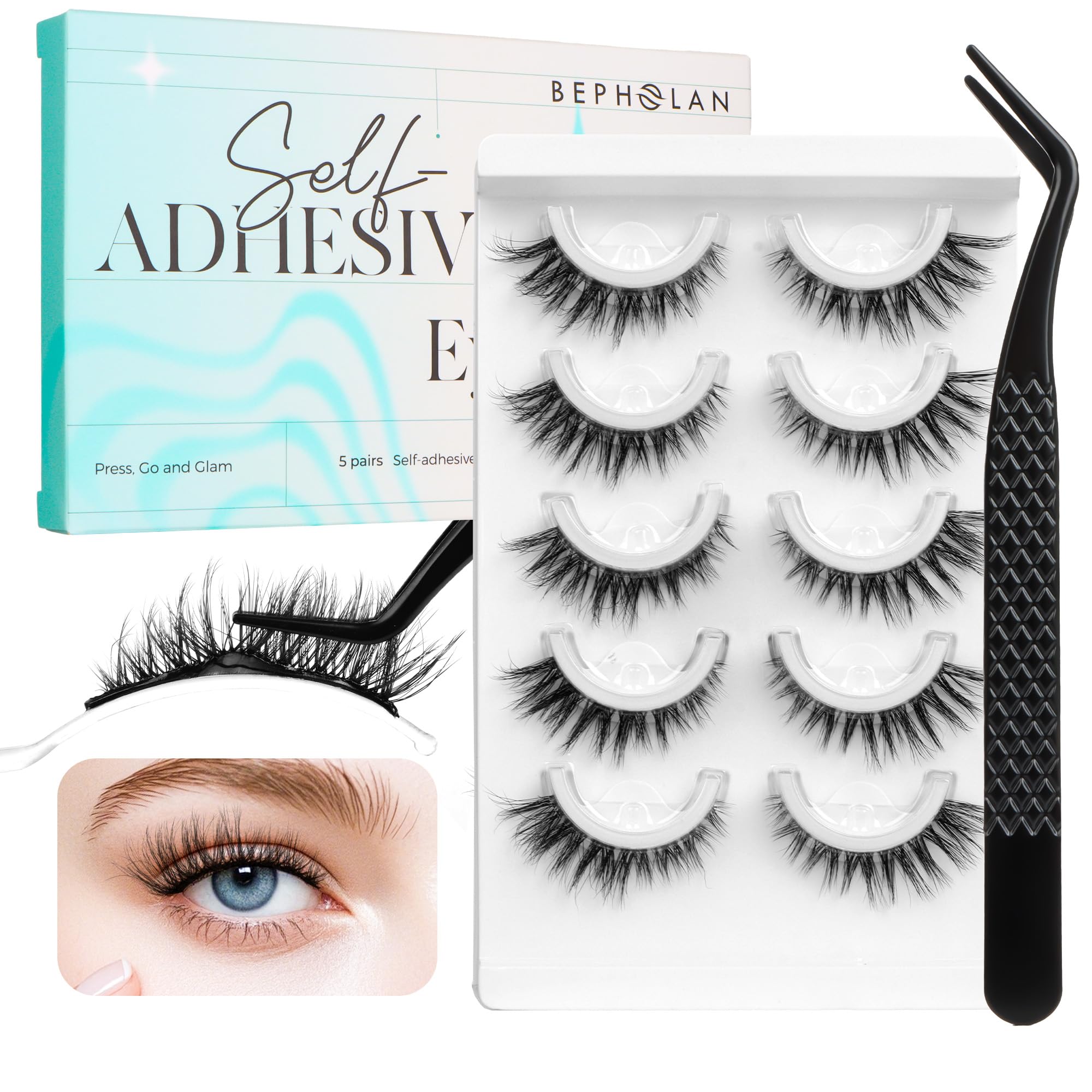 Photo 1 of Bepholan Self Adhesive Eyelashes Natural Look, Pre Glued No Glue Need Eyelashes,Press On Lashes,Reuseable Waterproof False Eyelashes Wispy with Tweezer of Replacement Adhesive Strips 5 Pairs(CVJ221)