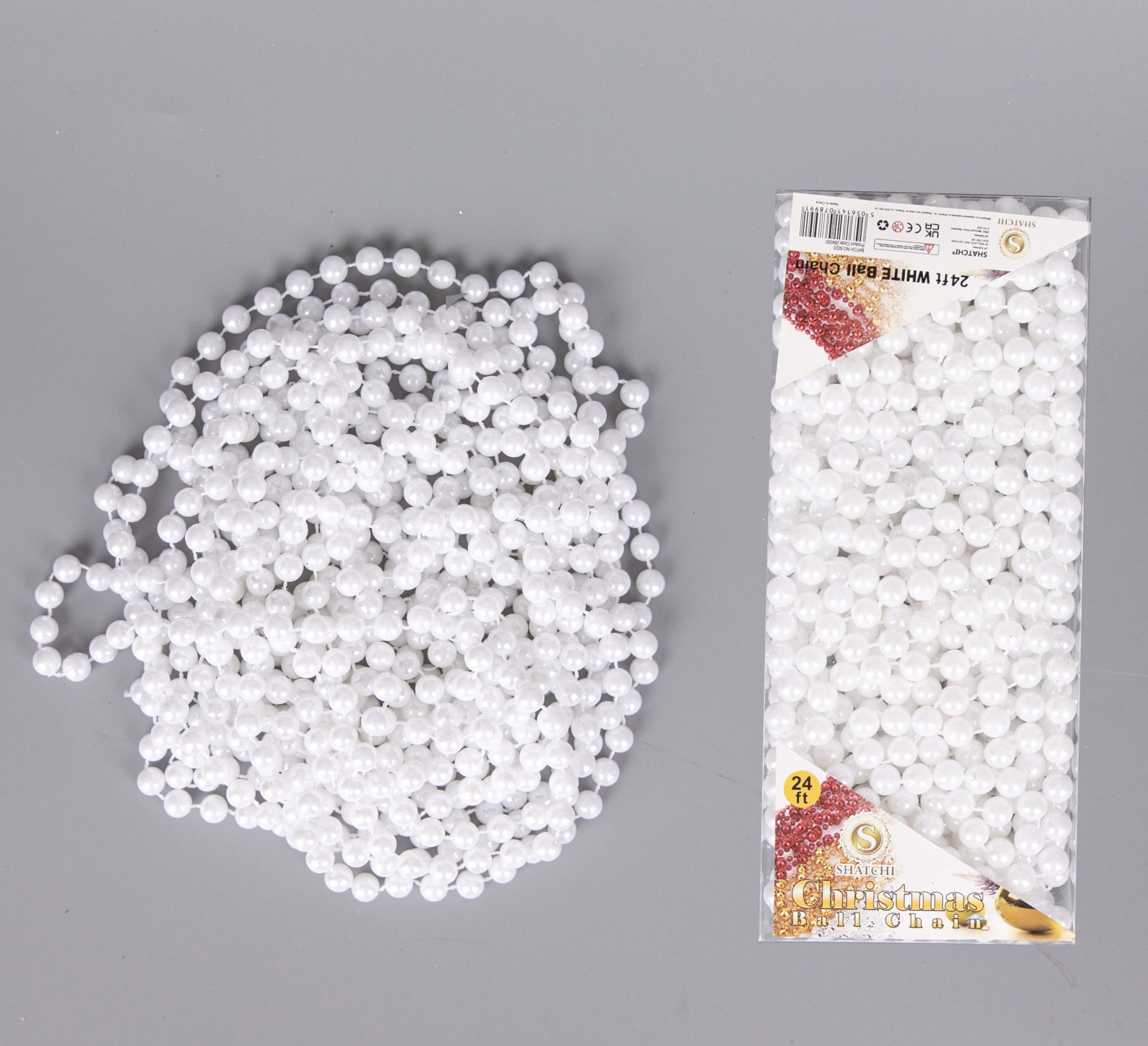 7.2m (24ft) White Shiny Christmas Bead Chain Metallic Xmas Beaded Garland Artificial Pearls Tinsel For Christmas Tree Hanging Decorations DIY Art & Crafts Jeweller