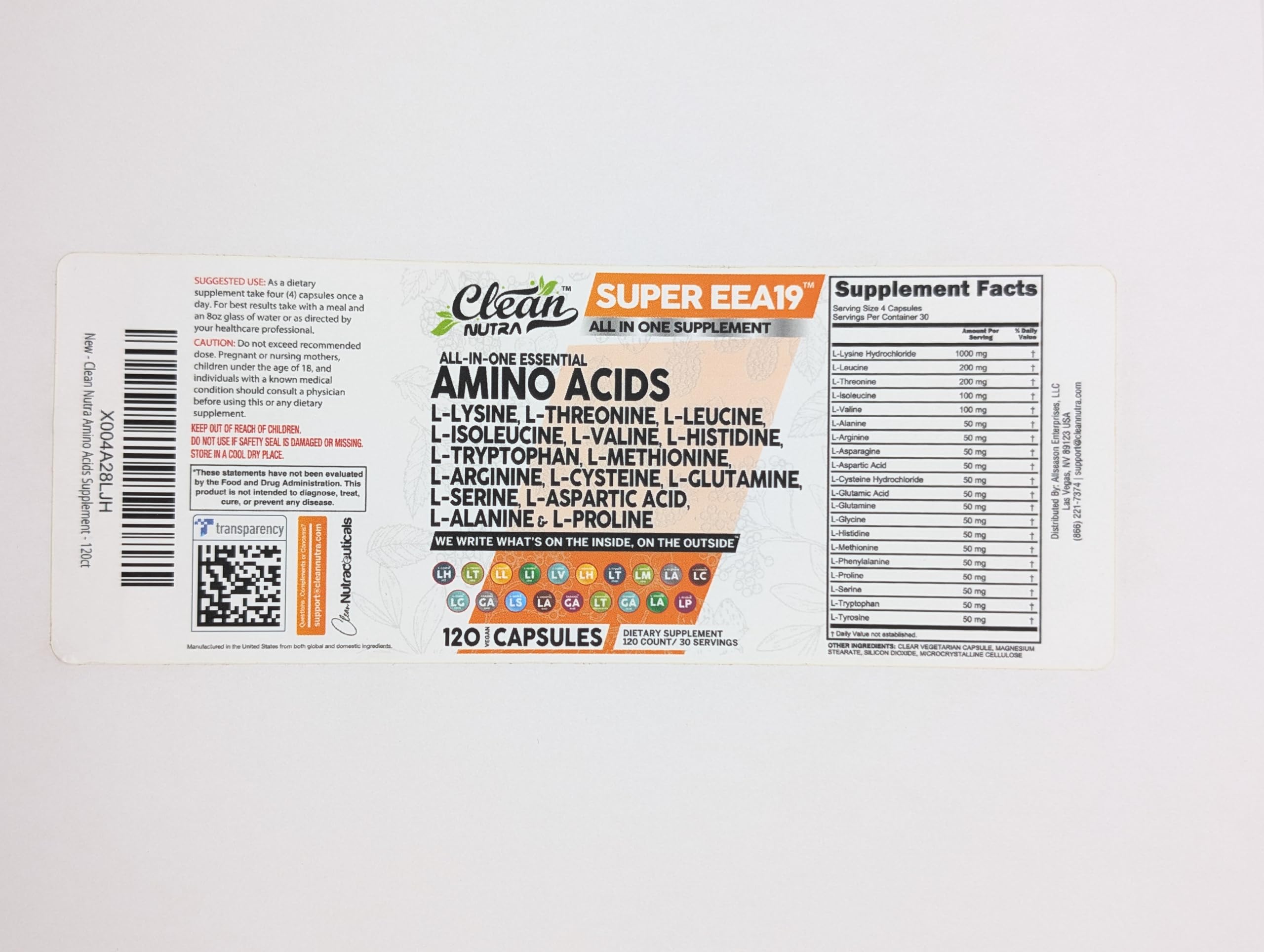 Clean Nutraceuticals Amino Acids Supplement L-Lysine, L-Threonine, L-Leucine, Isoleucine, Valine, L-Histidine, L-Tryptophan, L-Methionine, L-Arginine, L-Cysteine, L-Glutamine, L-Serine, Aspartic Acid