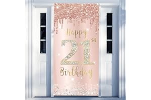EXCELLOON Happy 21st Birthday Door Banner Backdrop Decorations for Women, Pink Rose Gold 21 Birthday Party Door Cover Sign Supplies, 21 Year Old Bday Poster Background Photo Booth Props Decor