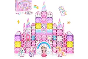 MAGBUBP Diamond Magnetic Tiles Unicorns Princess Castle with Magnetic Art Decor Kit, Unicorn Toys for Girl 3 4-6-8, Magnet Tiles for kids 4-8 5 6 7+ Girl Gifts,Magnet Toys Include 5 Dolls,Rainbow,Candy,Decors