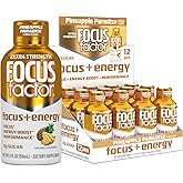 Focus Factor Extra Strength Focus + Energy Shots - 12 x 2oz Bottles (Pineapple Paradise Flavor) - Powered by Nootropics with Caffeine, L-Theanine, Ginkgo, Bacopa, L-Tyrosine, Alpha GPC