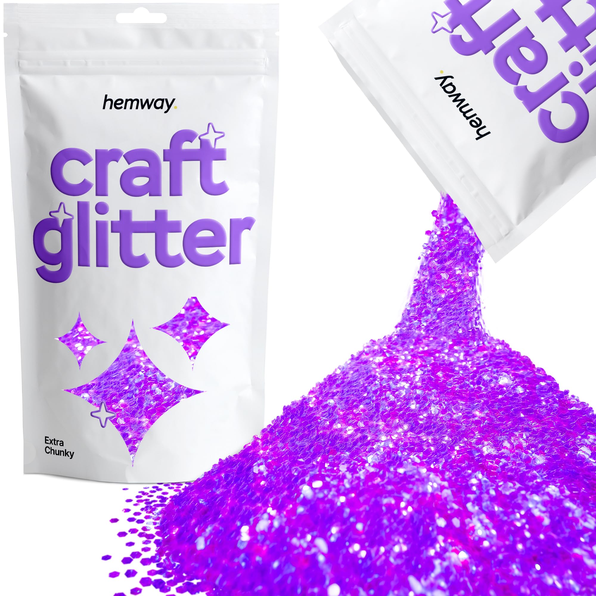 Hemway Craft Glitter Fluorescent UV Neon Purple 100g Extra Chunky Glitter for Crafts, Resin, Cosmetic, Nail, Face, Body, Festival, Tumblers, Art, Candle, Crafting