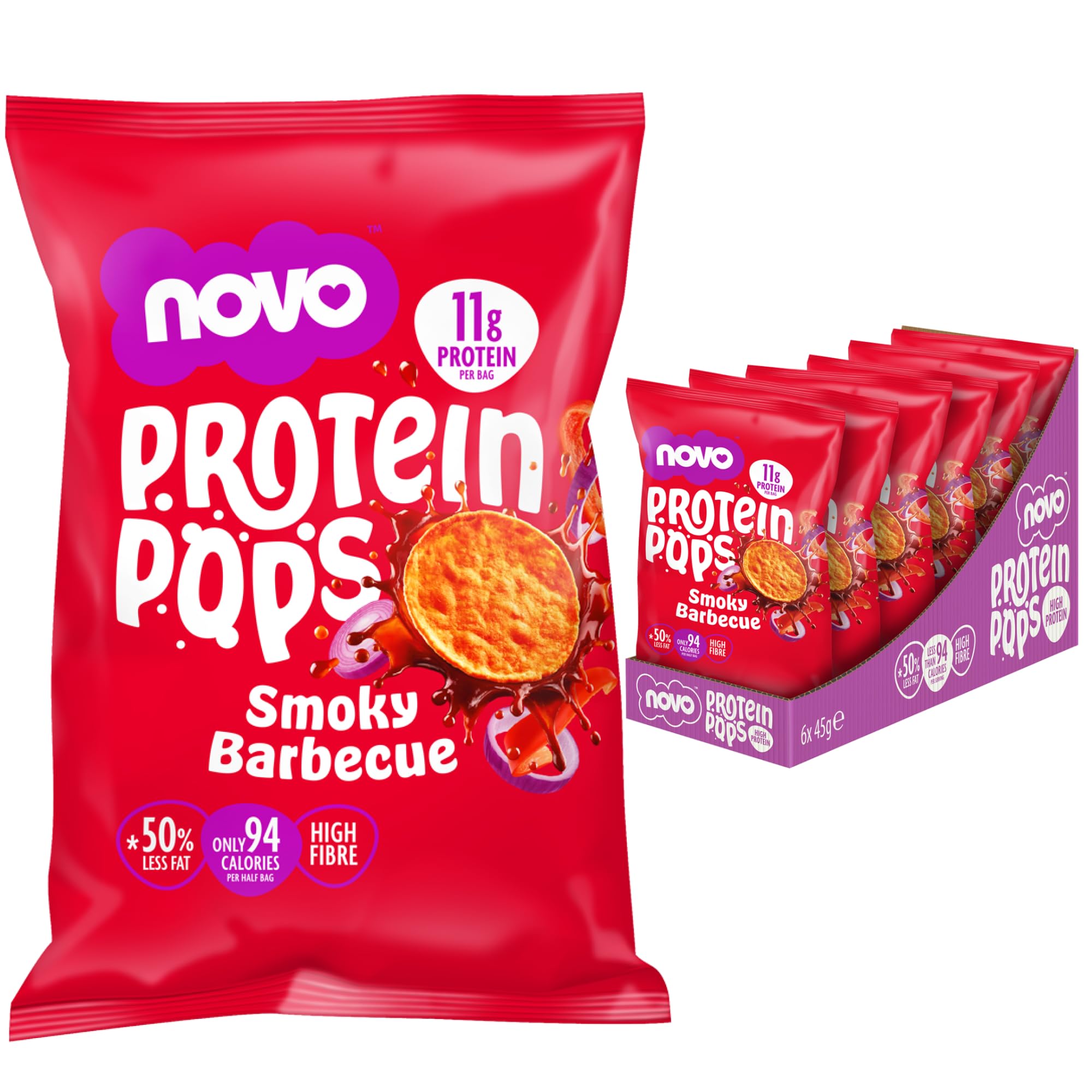 Novo Nutrition | Protein Pops | Healthy Savoury Snack with High Protein, Low Sugar and High Fibre | Pack of 6 x 45g (Barbeque)