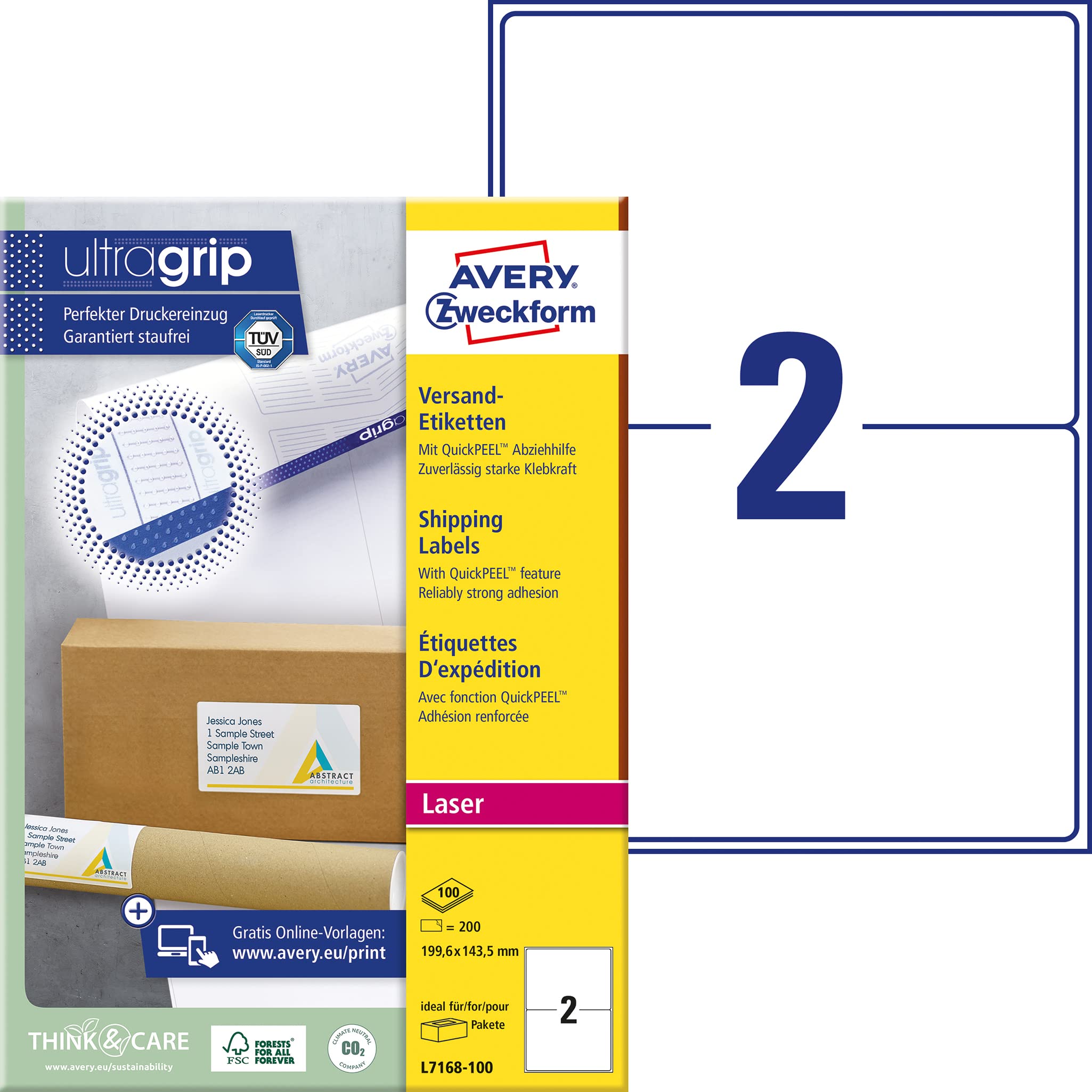 Avery Zweckform L7168-100 Packaging Labels for Packets and Parcels 199.6 x 143.5 mm 100 Sheets