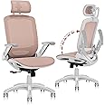 GABRYLLY Ergonomic Office Chair, High Back Home Desk Chair with Headrest, Flip-Up Arms, 90-120° Tilt Lock and Wide Cushion, 400LBS Mesh Chairs for Man Woman, White Task Chair(Pink,GY01WPK)
