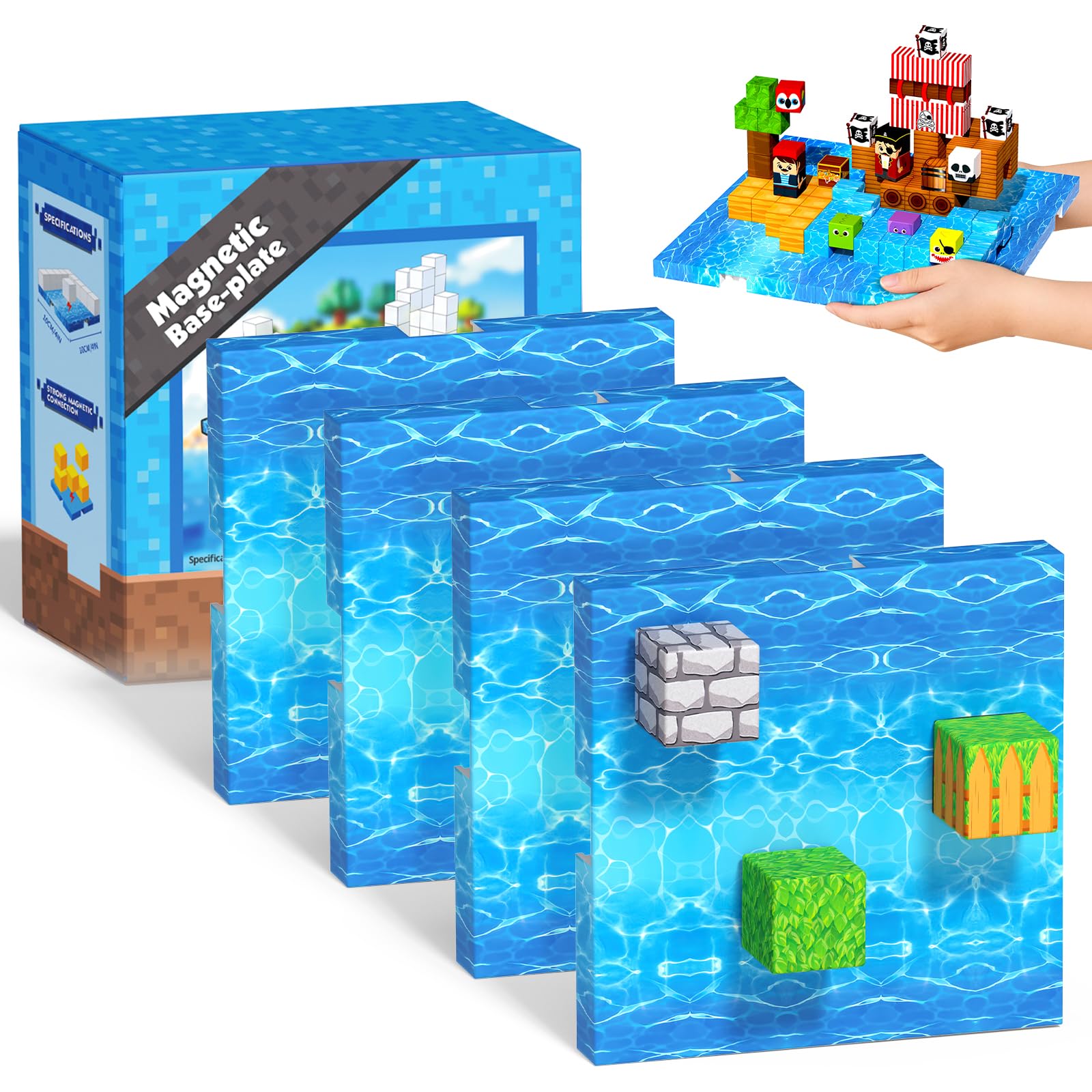 GraceDuck Magnetic Blocks Baseplate - Magnet Toys for Kids, 4PCS Baseplate for Magnetic Building Blocks Placing 4" x 4", STEM Toys Birthday Gifts for Boys Girls Age 3+ Years Old