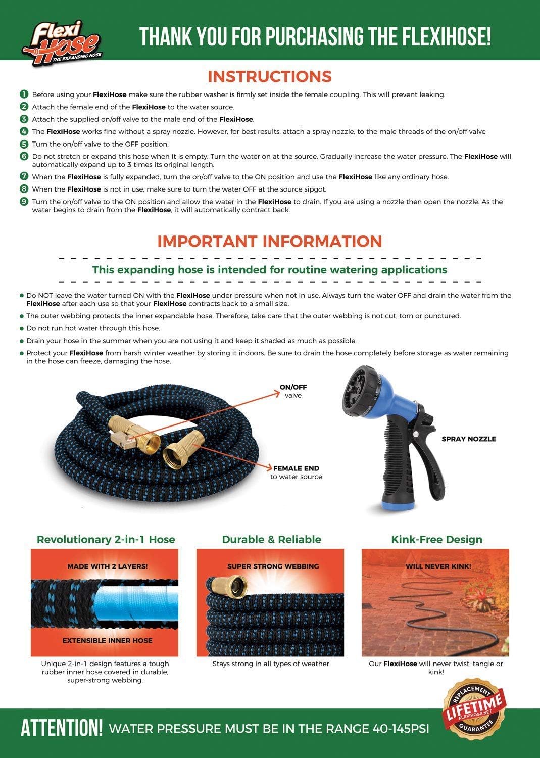 Flexi Hose Lightweight Expandable Garden Hose | No-Kink Flexibility - Extra Strength with 3/4 Inch Solid Brass Fittings & Double Latex Core | Rot, Crack, Leak Resistant (50 FT, Blue/Black) : Garden & Outdoor