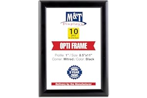 M&T Displays Opti Snap Poster Frame 8.5x11 Inch Black 1" Aluminum Profile Front Loading Wall Mounting Photo Picture Document Certificate Sign Holder Mitered Corner Anti Glare Cover (10 pack)
