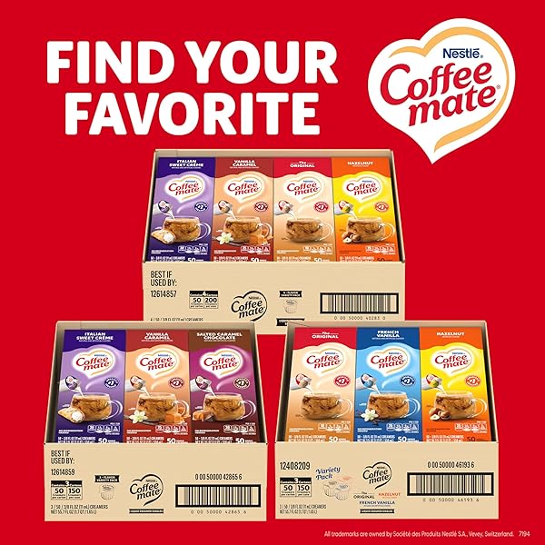 NESTLE COFFEE MATE CREAMER SINGLES VARIETY PACK, ORIGINAL, FRENCH VANILLA, HAZELNUT, NON DAIRY, NO REFRIGERATION, 150 COUNT (PACK OF 3)