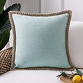 Phantoscope Farmhouse Solid Throw Decorative Pillow Cover Burlap Linen Trimmed Tailored Edges Outdoor Pillow Light Turquoise 18 x 18 inches, 45 x 45 cm