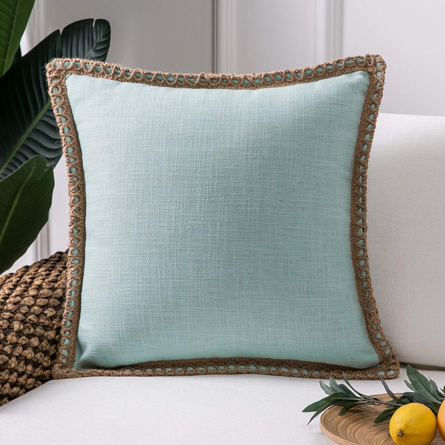 Photo 1 of Phantoscope Farmhouse Solid Throw Decorative Pillow Cover Burlap Linen Trimmed Tailored Edges Outdoor Pillow Light Turquoise 20 x 20 inches, 50 x 50 cm, Pack of 1