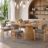 7-Piece Extendable Dining Table Set, 70" Natural Table with 6 Gray Chairs | 39.3-70.8 In Extendable Table, Dual Slatted Pedestals with 6 Gray Upholstered Chairs, Farmhouse Dining Set for Kitchen