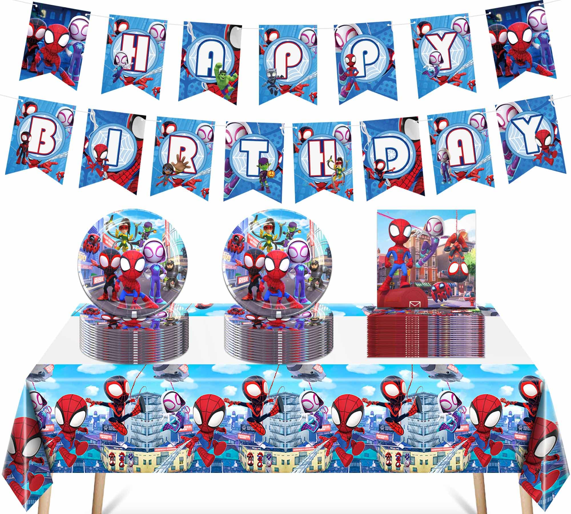 Photo 1 of 50pcs Children Amazing Anime Birthday Party Supplies Decorations, 24 Plates, 24 Napkins, 1 Tablecloth and 1 Pull Flag, Birthday Party Favors for Kids Boys Girls