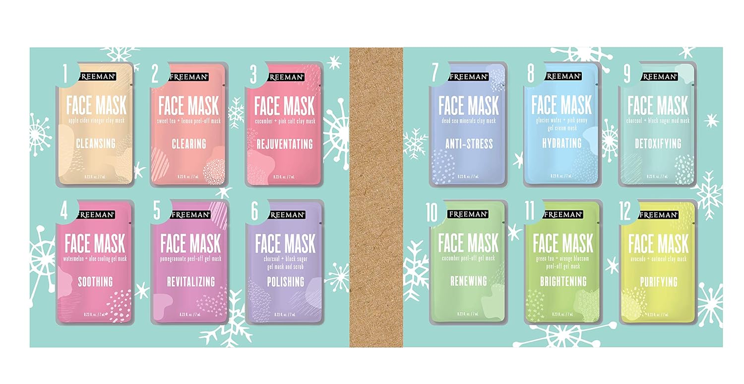 Freeman 12 Days of Masking Palette (12 Masks Variety Pack - Clay Mask, Peel-Off Mask, Gel Mask, Scrub)