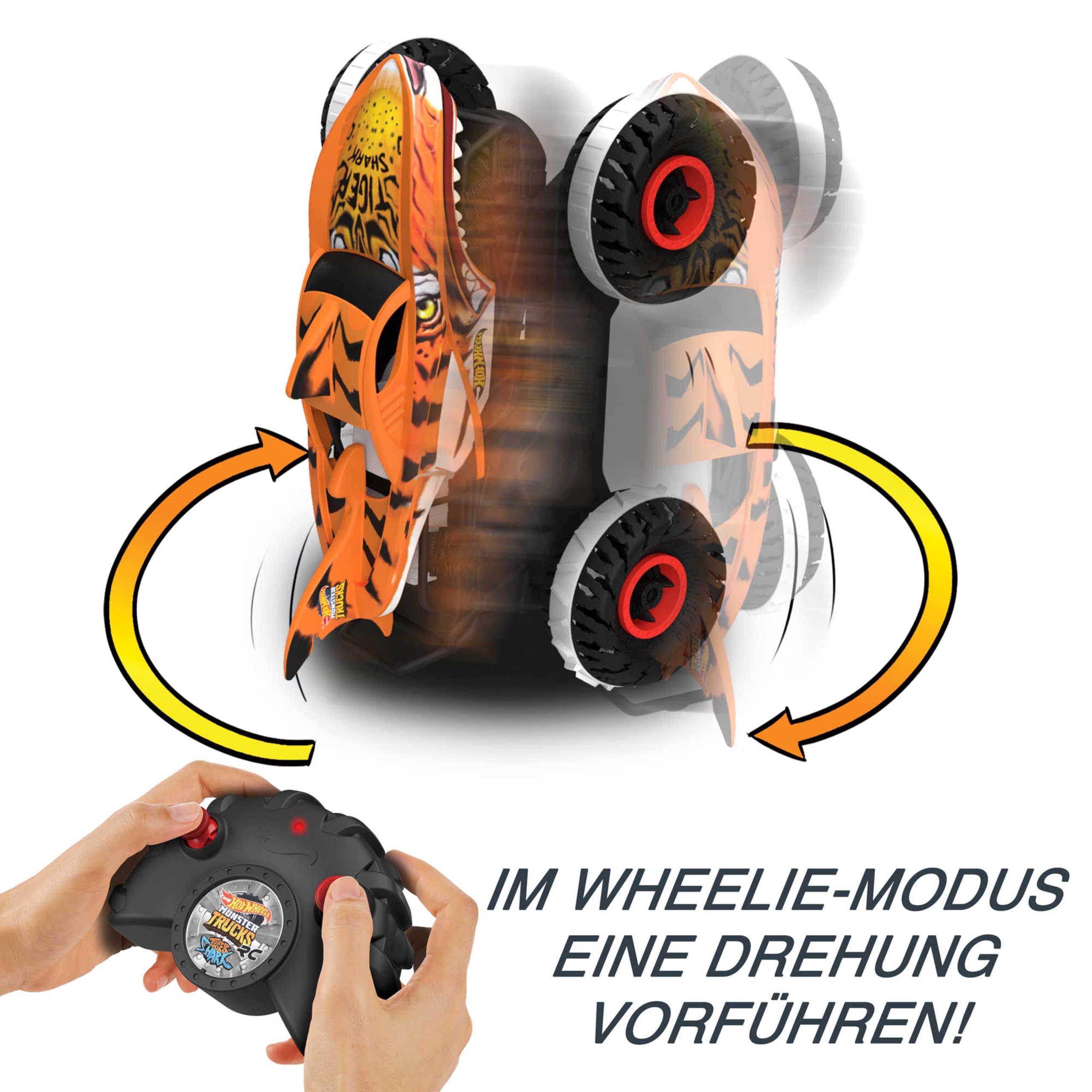 Hot Wheels Monster Trucks Ferngesteuertes Auto Tiger Shark, mit 'Terrain Stomp' Technologie für tierähnliche Bewegungen, Wheelie Modus für Drehen auf 2 Rädern, Spielzeug ab 4 Jahre, HGV87 4