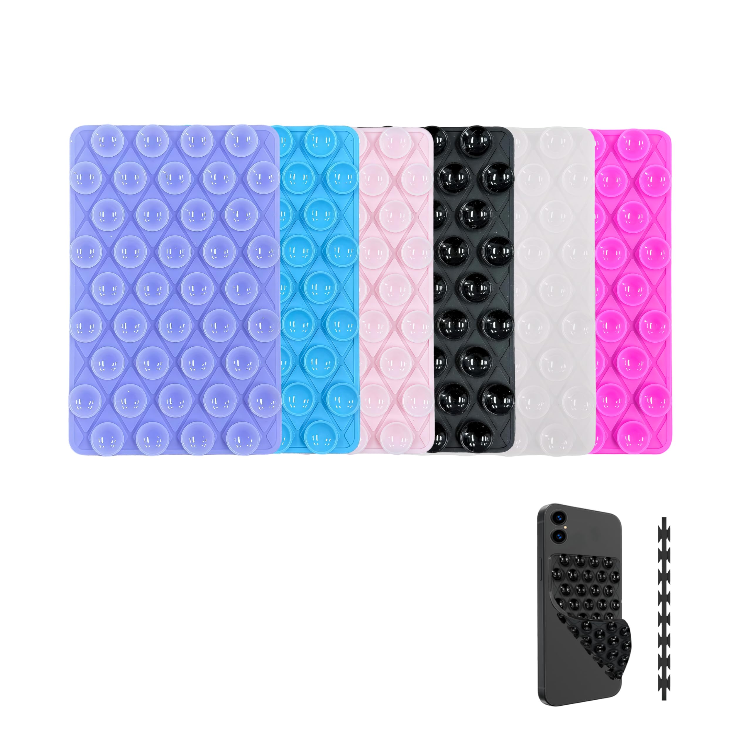 Rwotlls 6 Pack Silicone Double-Sided Suction Cup Phone Case Detachable Mount, Hands-Free Strong Grip Holder Stand for Selfies and Videos (Rose+Black+Pink+Purple+Blue+Transparent)