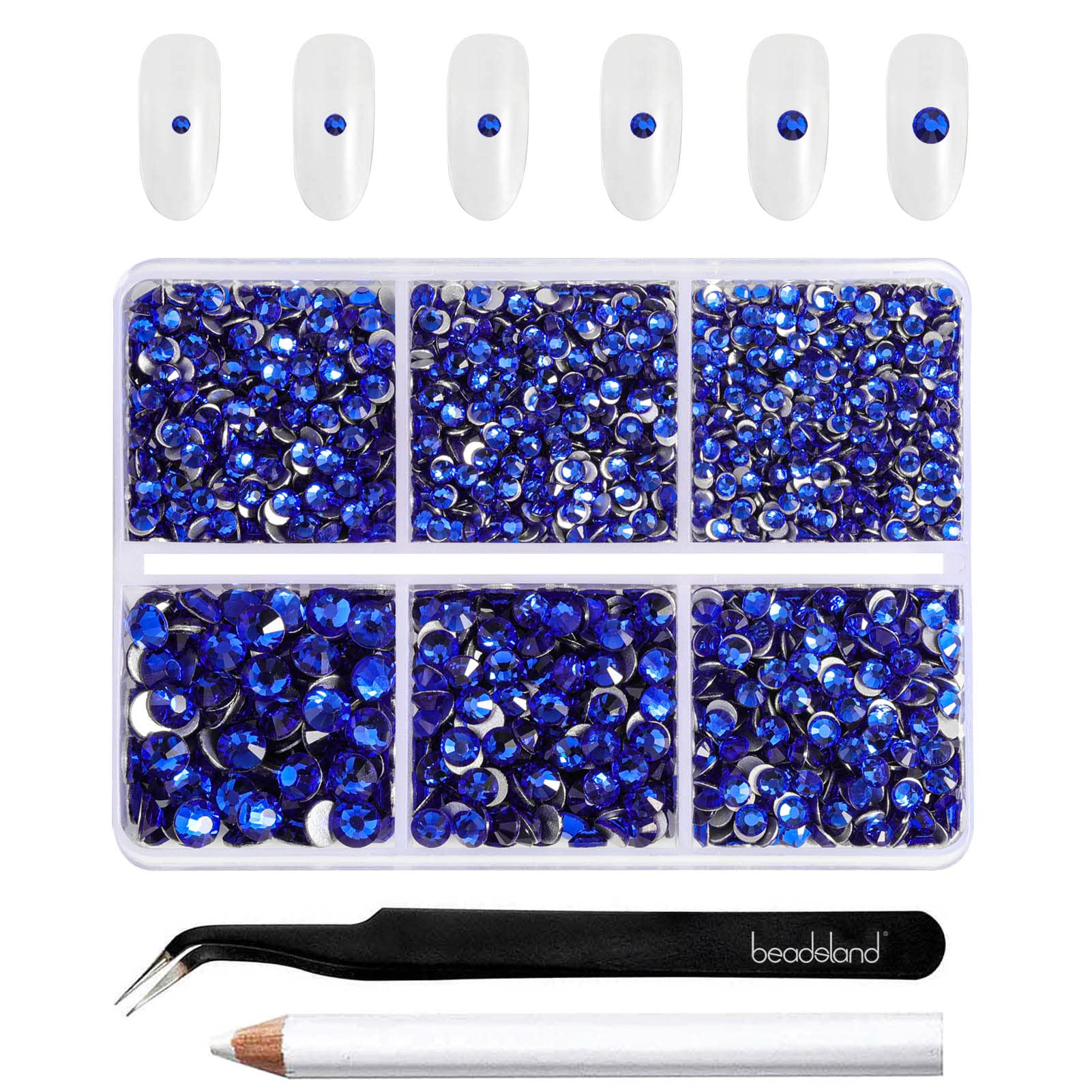 Beadsland 4300pcs Flatback Rhinestones, Royal Blue Crystal Nail Gems, Mixed 6 Sizes with Picking Tweezers and Wax Pencil Kit, SS6-SS20 — image 1