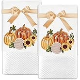 JarThenaAMCS 2Pcs Fall Hand Towels Pumpkin Sunflower Embroidered Cotton Bathroom Towels Autumn Dish Towels with Ribbons for Thanksgiving Drying Cleaning Cooking Gift, 30 x 14 Inch