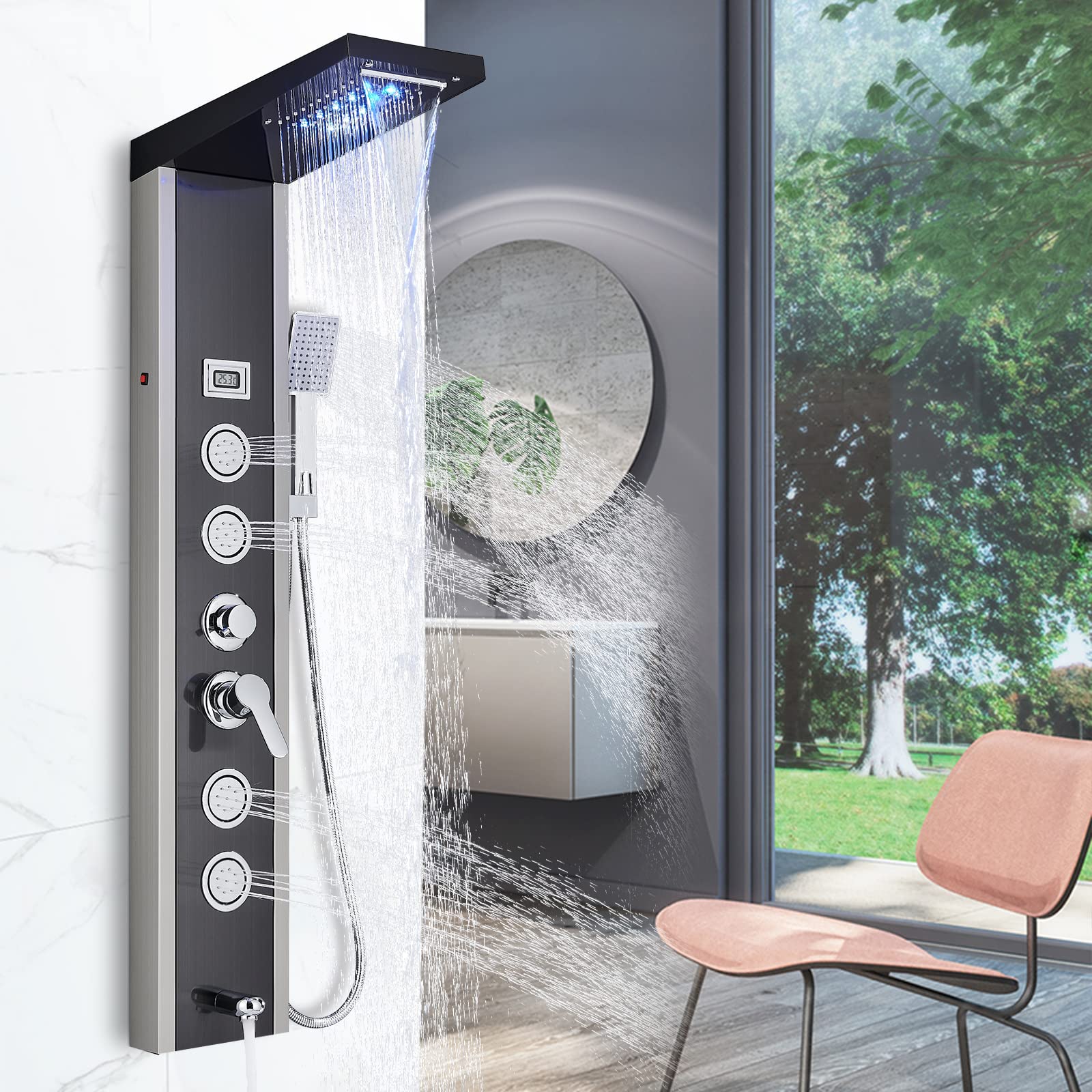 Columna-Ducha-Hidromasaje-Acero-Inoxidable-Negra-Niquel-Cepillado-Duchas-De-BanO-Set-De-Ducha-Pantalla-De-Control-De Columna-Ducha-Hidromasaje-Acero-Inoxidable-Negra-Niquel-Cepillado-Duchas-De-BanO-Set-De-Ducha-Pantalla-De-Control-De