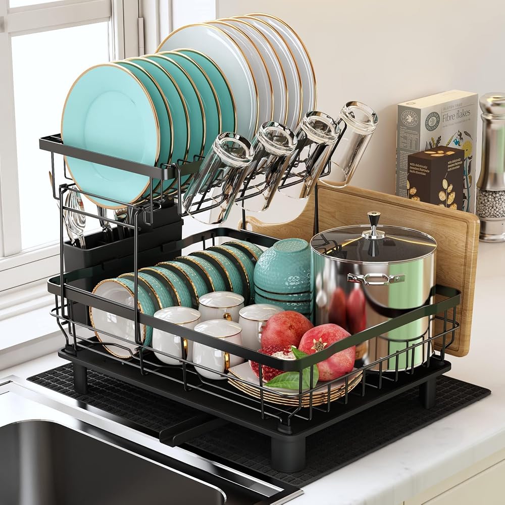 MAJALiS 2 Tier Dish Drainer Rack Stainless Steel Anti Rust Black