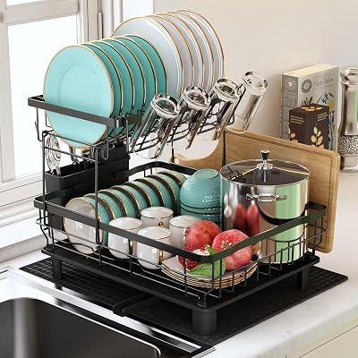 MAJALiS 2 Tier Dish Drainer Rack Stainless Steel Anti Rust Black