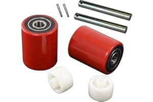Pallet Jack/Truck Load Wheels Set with Axles and Entry Exit Roller (4 pcs) 2.75" x 3.75" with Bearings ID 20mm Poly Tread Red