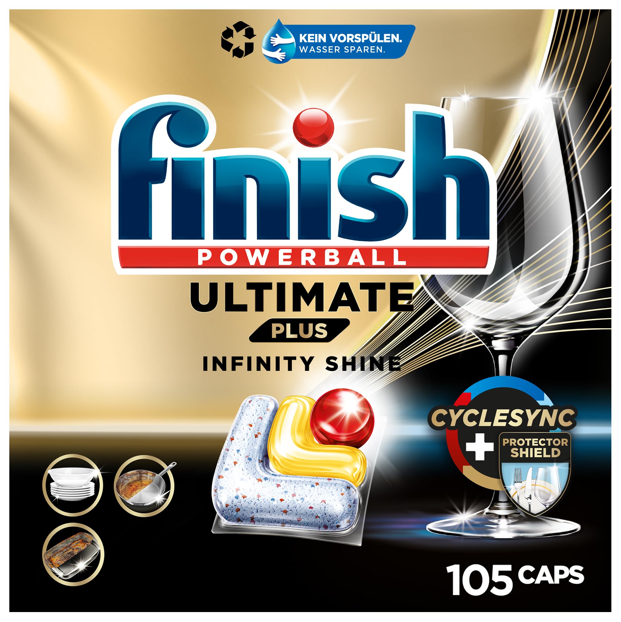 Finish Ultimate Plus Infinity Shine Citrus Spülmaschinentabs – Geschirrspültabs für intensive Reinigung, Fettlösekraft und Glanz mit Schutzschild – 105 Finish Caps