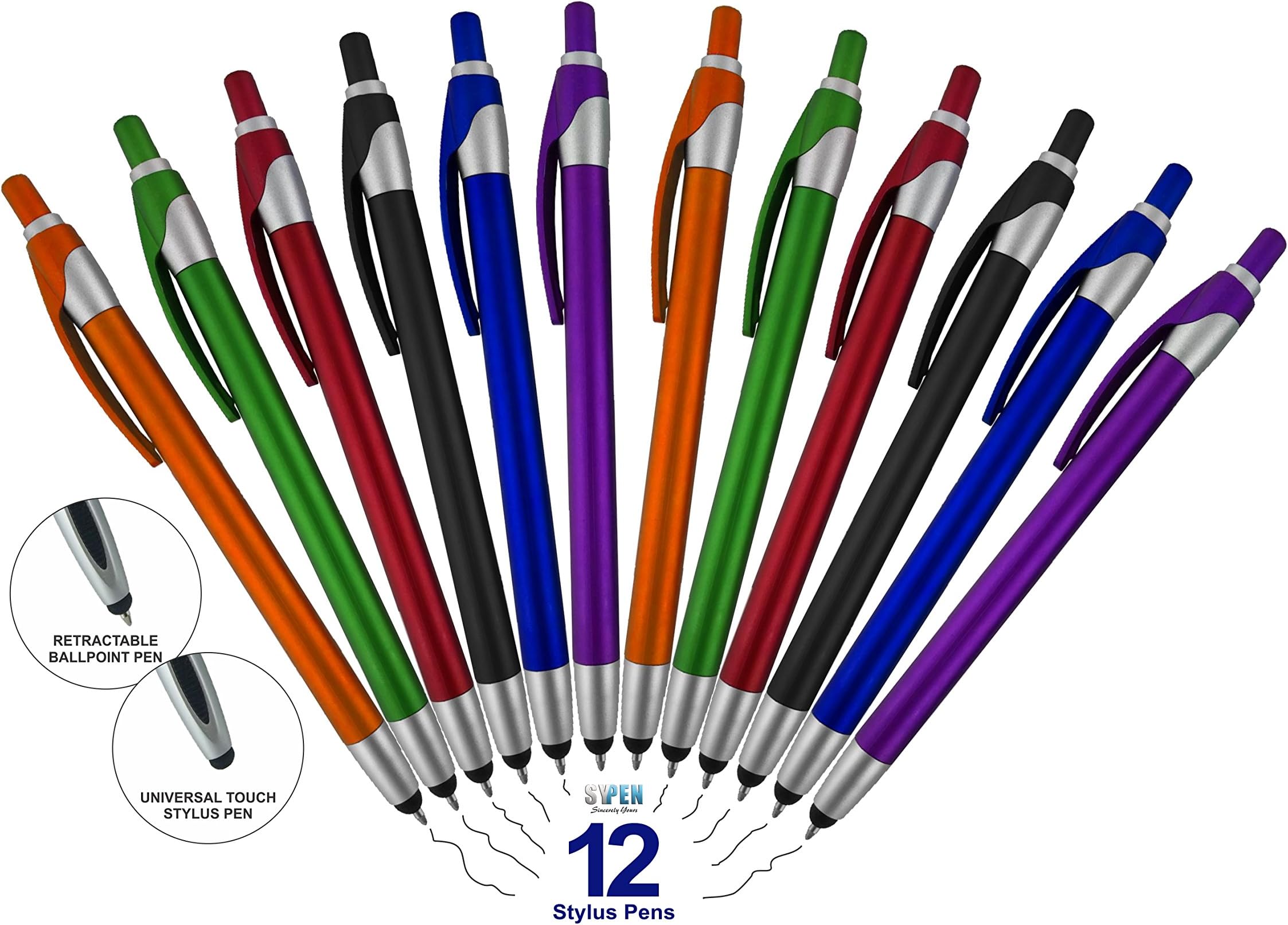 12 Pack Stylus with Ball Point Pen for iPad Mini, iPad 2/3, New iPad, iPhone 5 4S 4 3GS, iPod Touch, Motorola Droid, Samsung Galaxy, Asus (Assorted Colors)