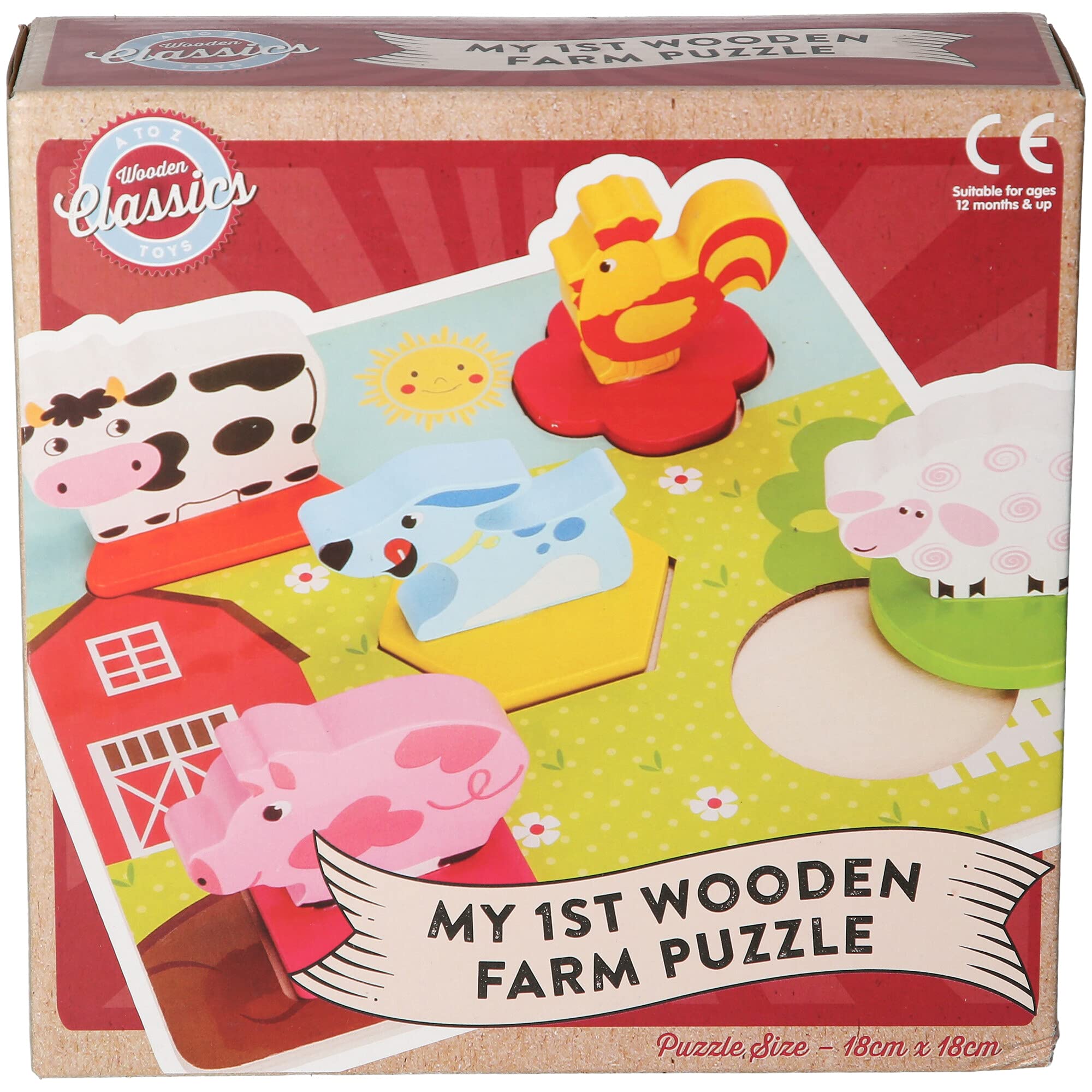 A to Z Wooden Classics Farm Animals Puzzle, 18cm x 18cm, Educational Toy for 12+ Months