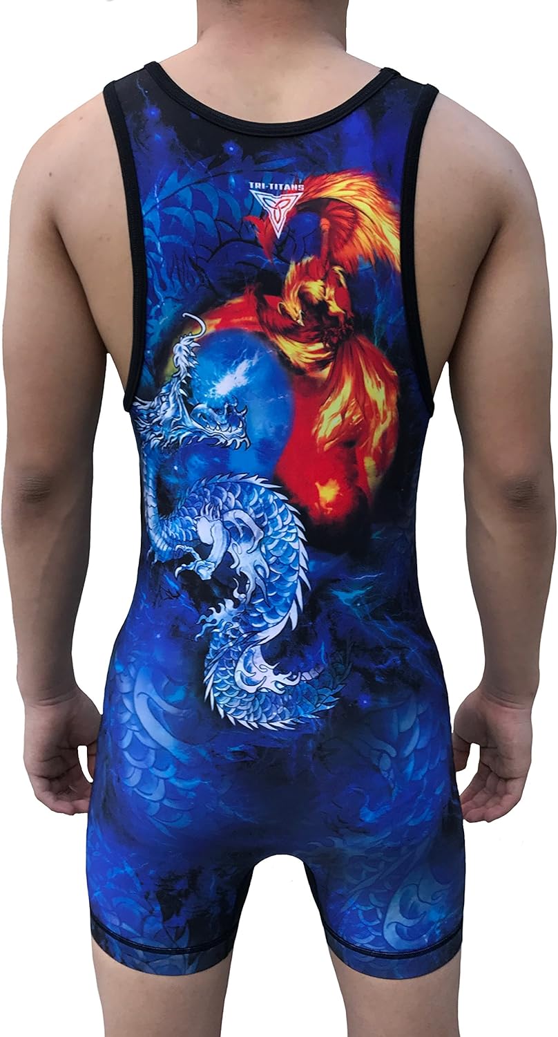 Dragon vs Phoenix Reversible Red Blue Sublimated Wrestling Singlet Men