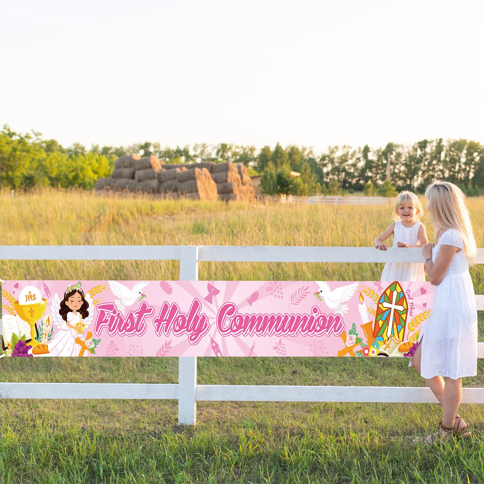 DPKOW Pink First Holy Communion Banner, Long Fabric God Bless Angel Cross Backdrop Banner for Girls First Communion Decorations, Holy communion Hanging banner for Wall Table Indoor Outdoor Decorations
