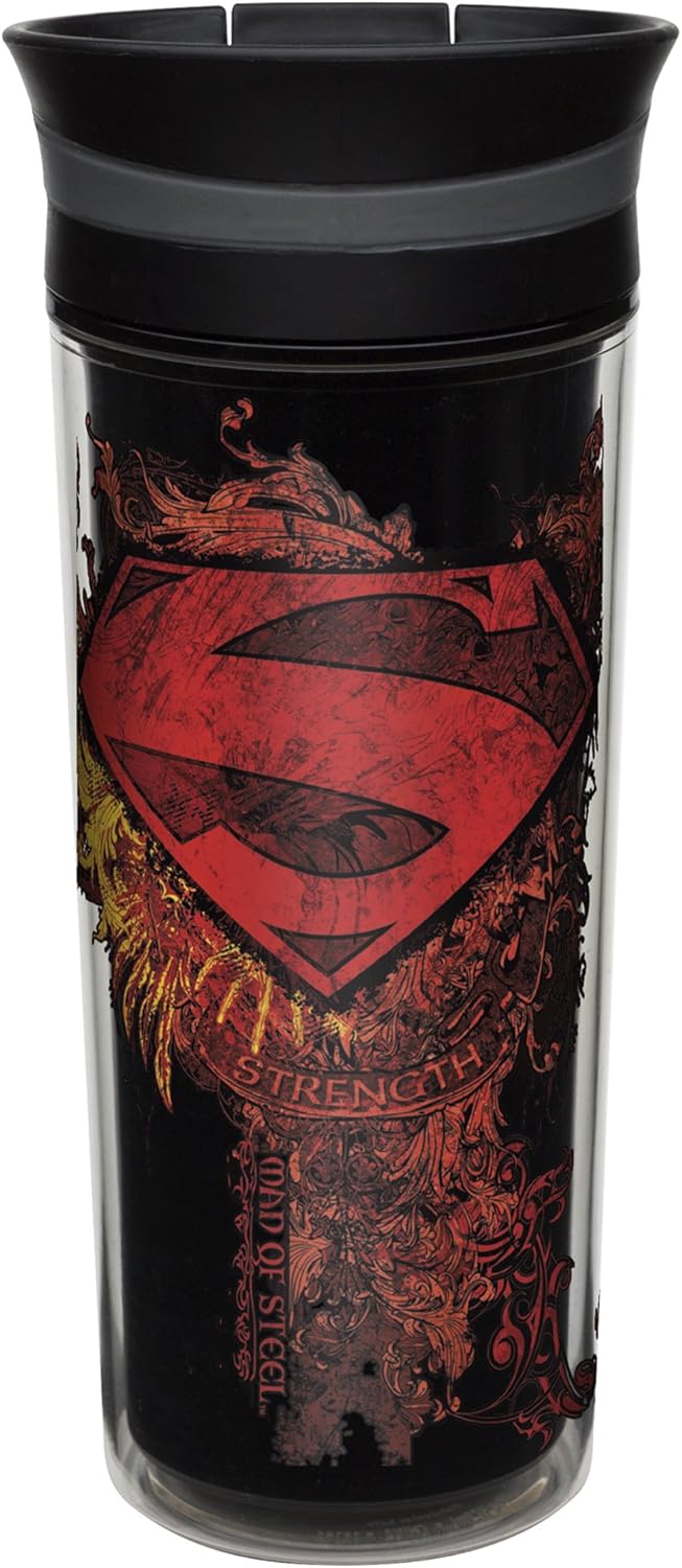 Zak! Designs Insulated Travel Tumbler featuring DC Comics Retro Superman Graphics, BPA-free and Break-resistant Plastic, Double Wall Construction and Leak-proof Slide Lid, 16 oz. Capacity