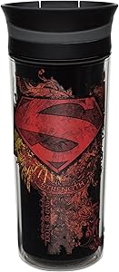 Zak! Designs Insulated Travel Tumbler featuring DC Comics Retro Superman Graphics, BPA-free and Break-resistant Plastic, Double Wall Construction and Leak-proof Slide Lid, 16 oz. Capacity