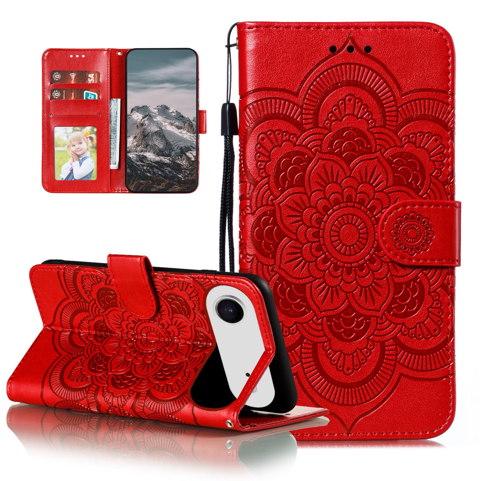 EYZUTAK Case for iPhone Air, Premium PU Leather Magnetic Closure Flip Wallet Phone Case with Card Holder Cash Slot Stand Function Embossed Mandala Flower Shockproof Lanyard Cover - Red